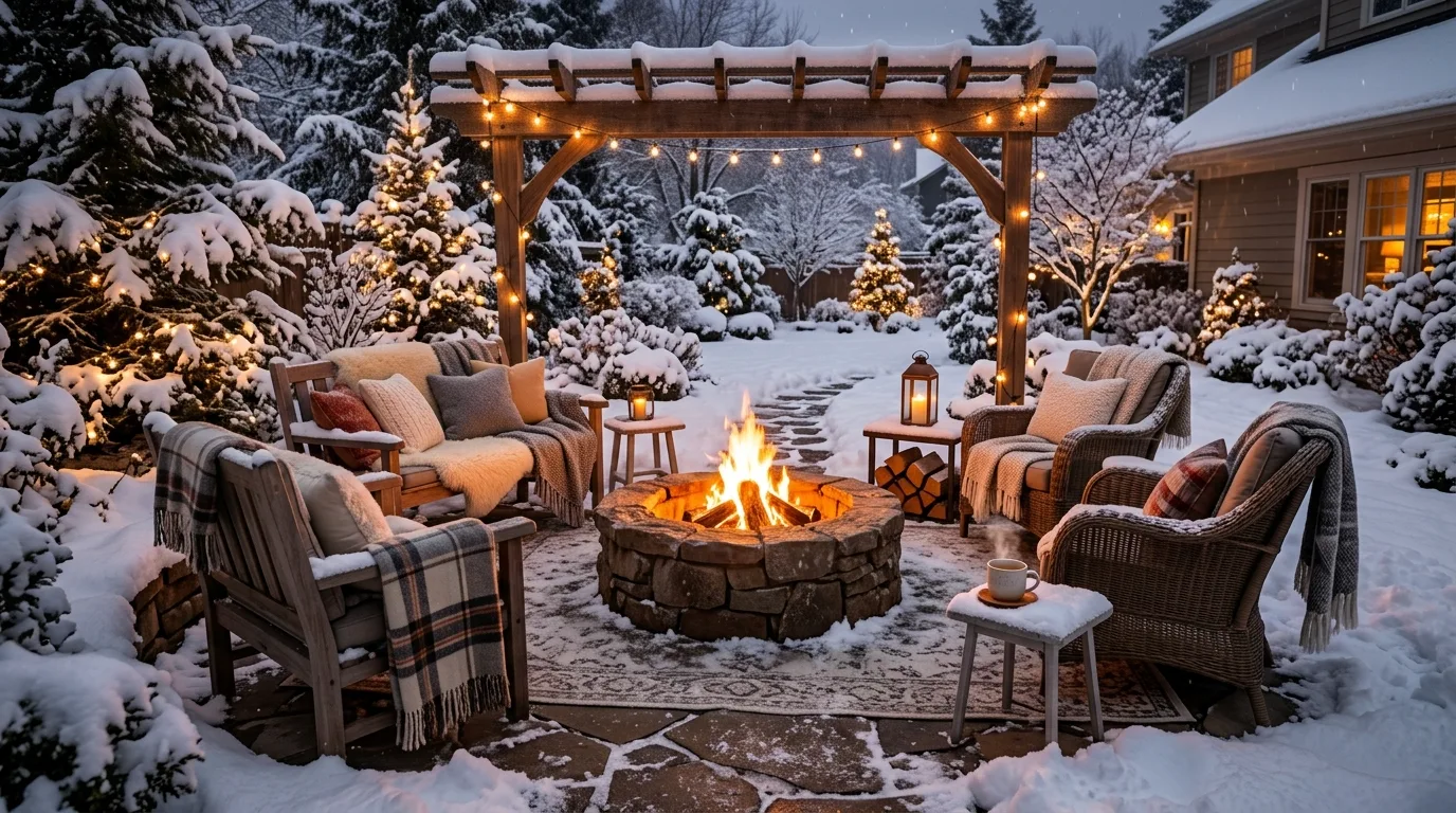 Let candles add smaller moments of glow where they are safe inspiration for an outdoor winter patio.
